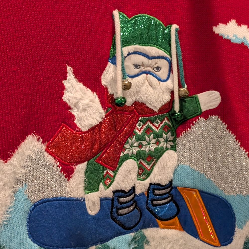 Festive Skiing Santa Sweater - Red, Green, Blue